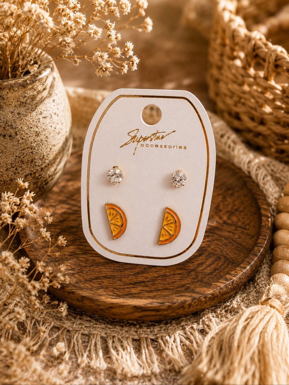 Orange Slice & Crystal Stud Earring Set